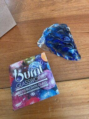 Burnt Glassworks Hand Blown Art Glass Cobalt Blue Paperweight Sculpture 4” USA